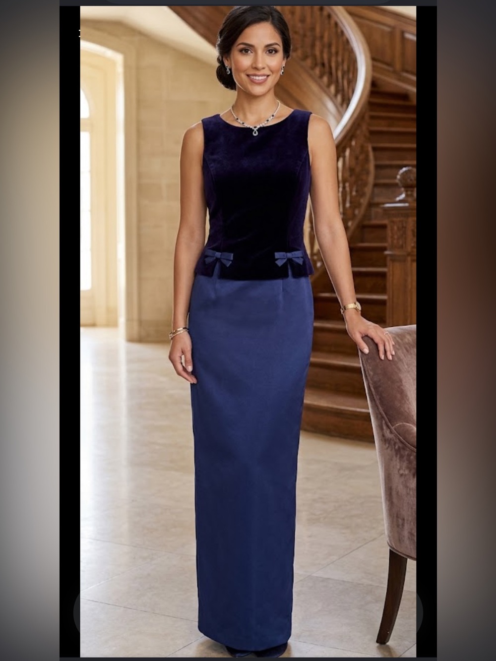 Jessica MacClintock Classic Navy/Purple Pencil Dress with Velvet Waist Detail